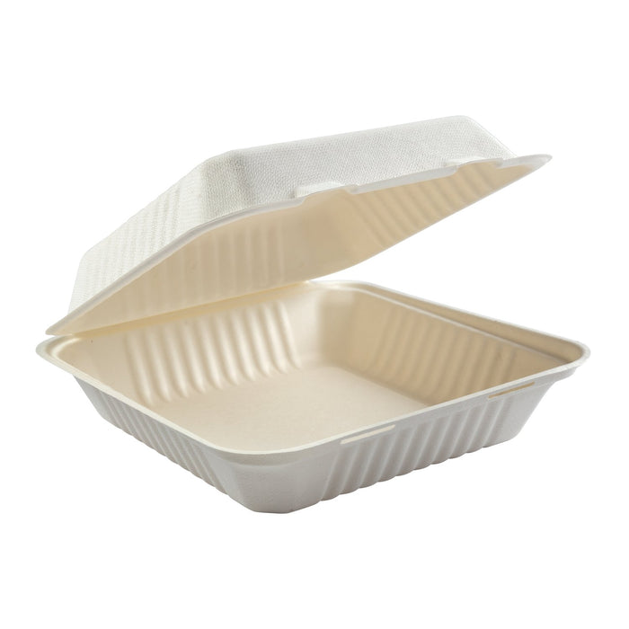 9×9″ Compostable Sugarcane Clamshell Container