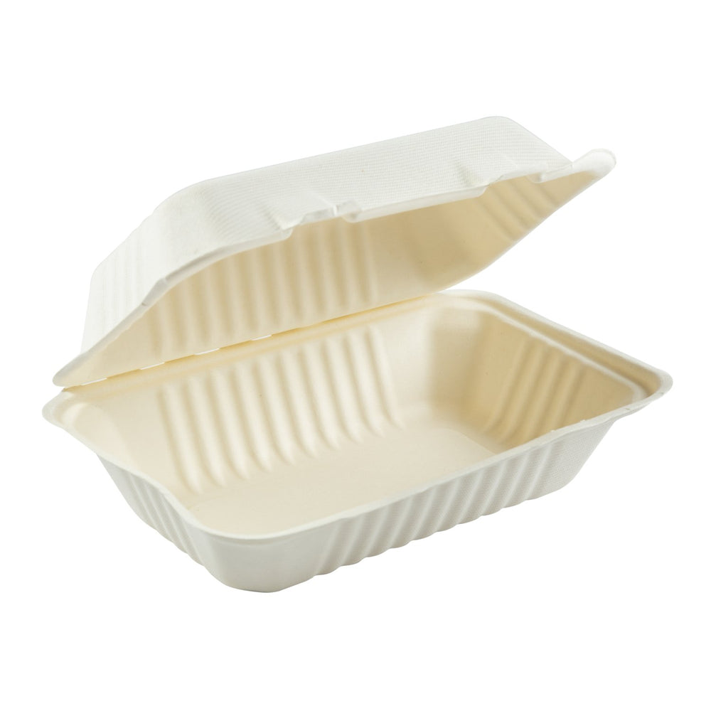 9×6″ Compostable Sugarcane Clamshell Container